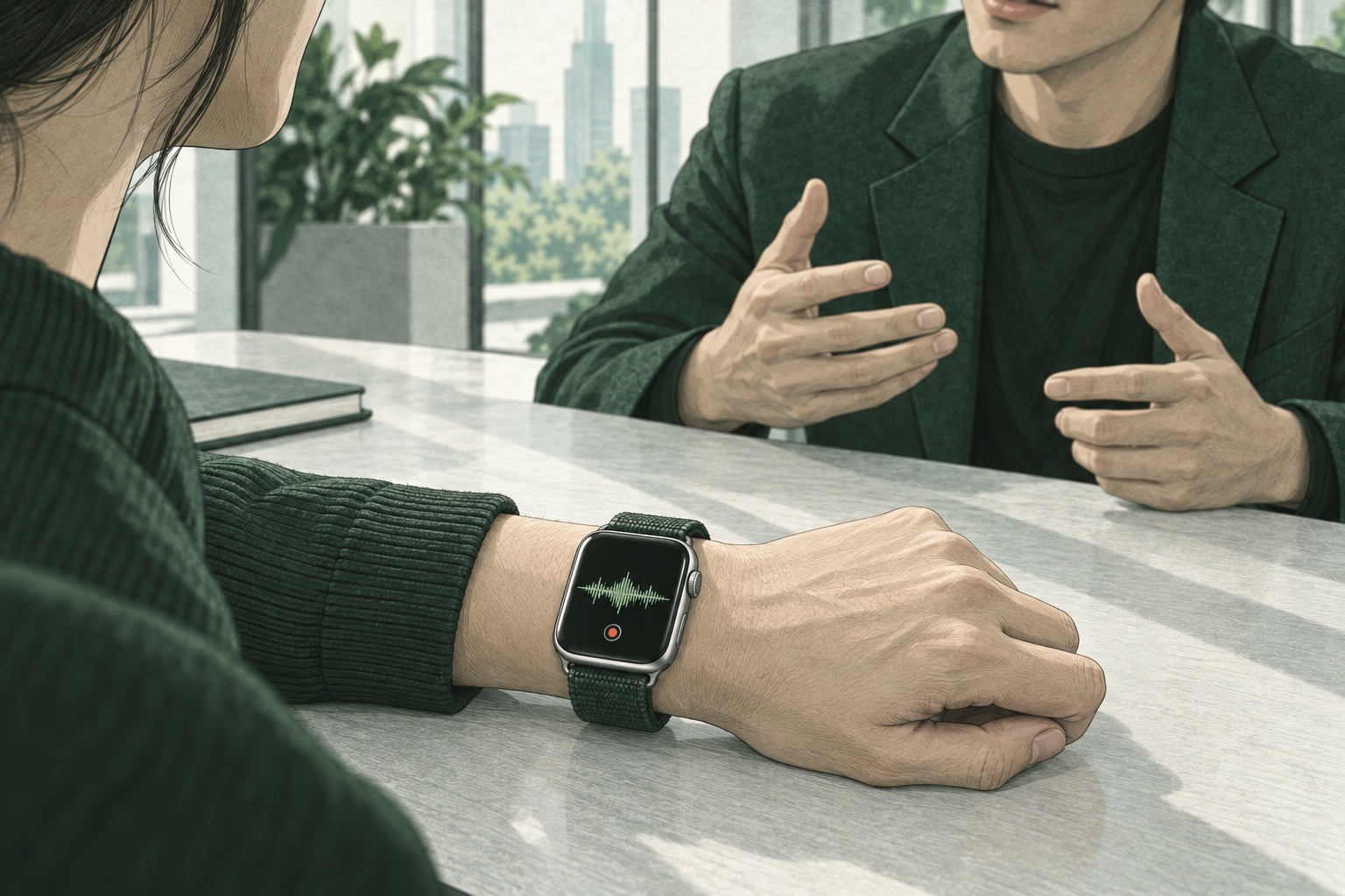 Editorial illustration of an Apple Watch recording a conversation across a meeting table.